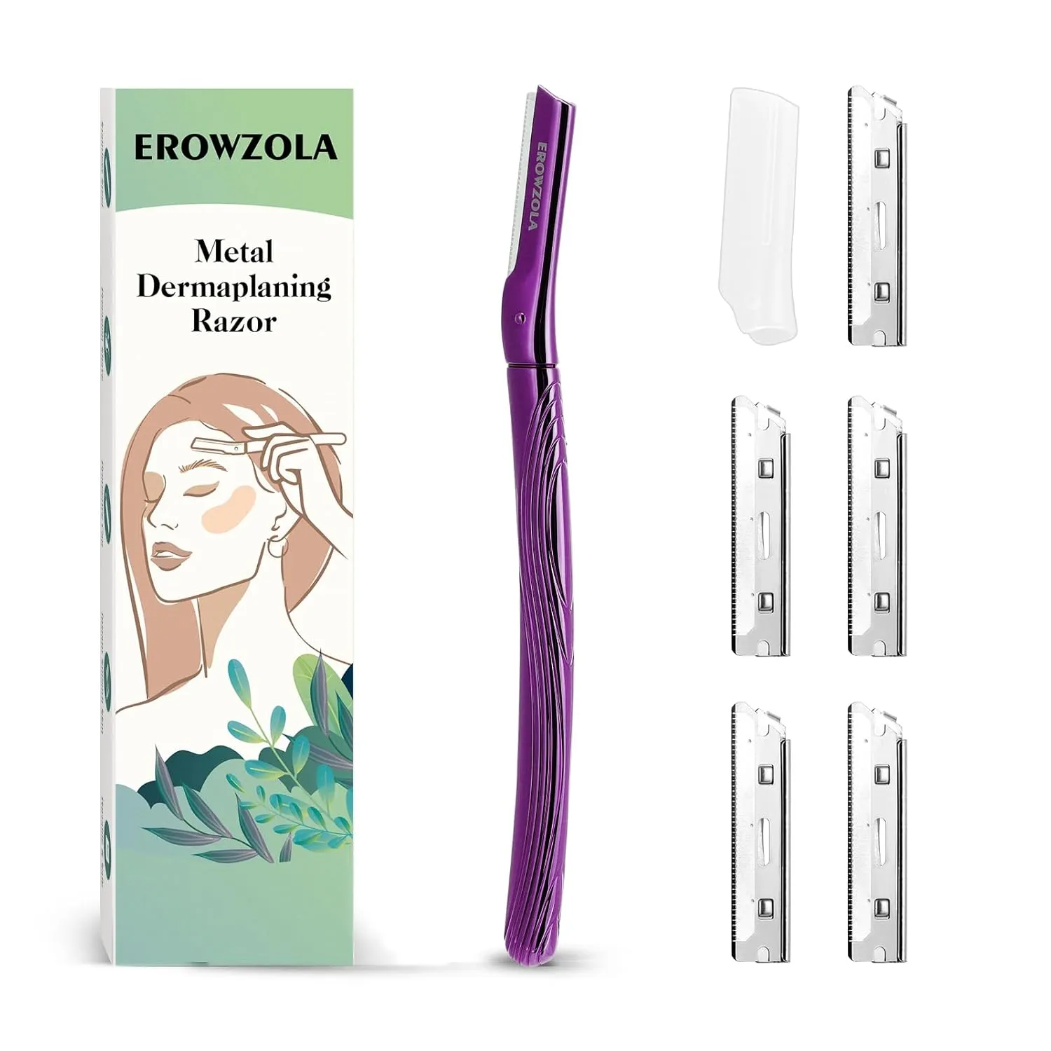 Dermaplane Razor for Women and Men, Eyebrow Razor with Precision Cover, Peach Fuzz Dermaplaning Tool, Exfoliating Facial Razor Reusable Metal Handle with 6 Blades - Purple