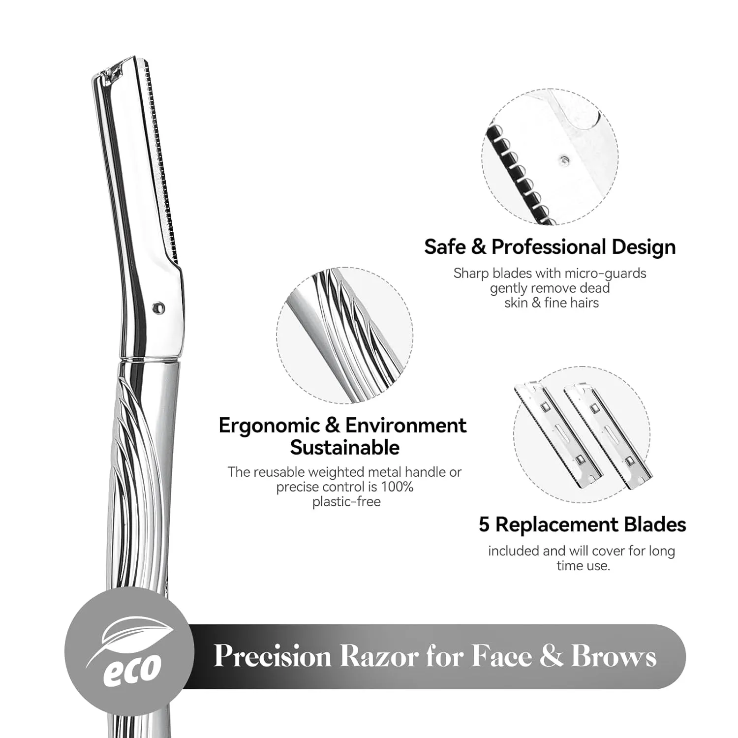 Dermaplaning Tool for Face, Eyebrow Razor for Women and Men, Eyebrow Trimmer and Facial Shaver Dermaplane Razor for Peach Fuzz Hair and Exfoliation, Includes 6 Blades (Silver)