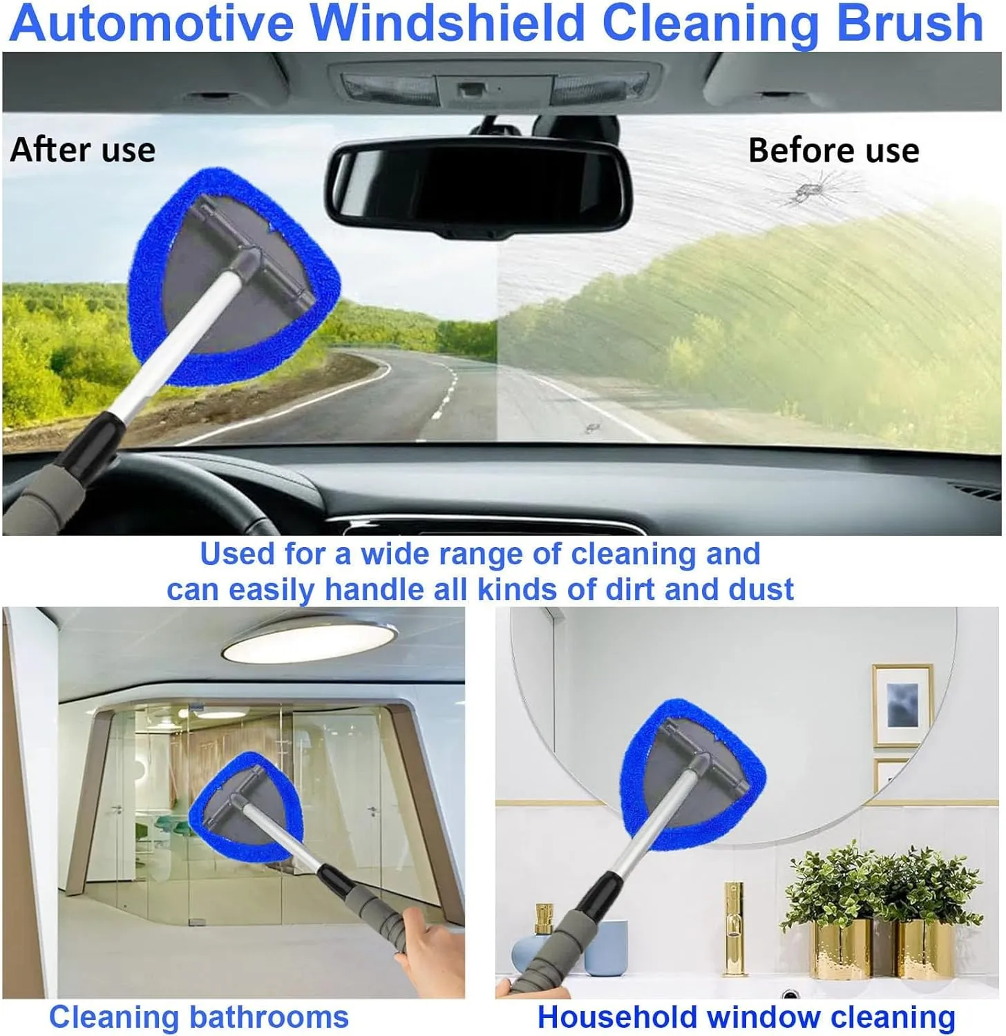 desin Windshield Cleaning Tool, Car Window Cleaner Windshield Cleaner with 4 Reusable and Washable Microfiber Pads and Extendable Handle Auto Inside Glass Wiper Kit