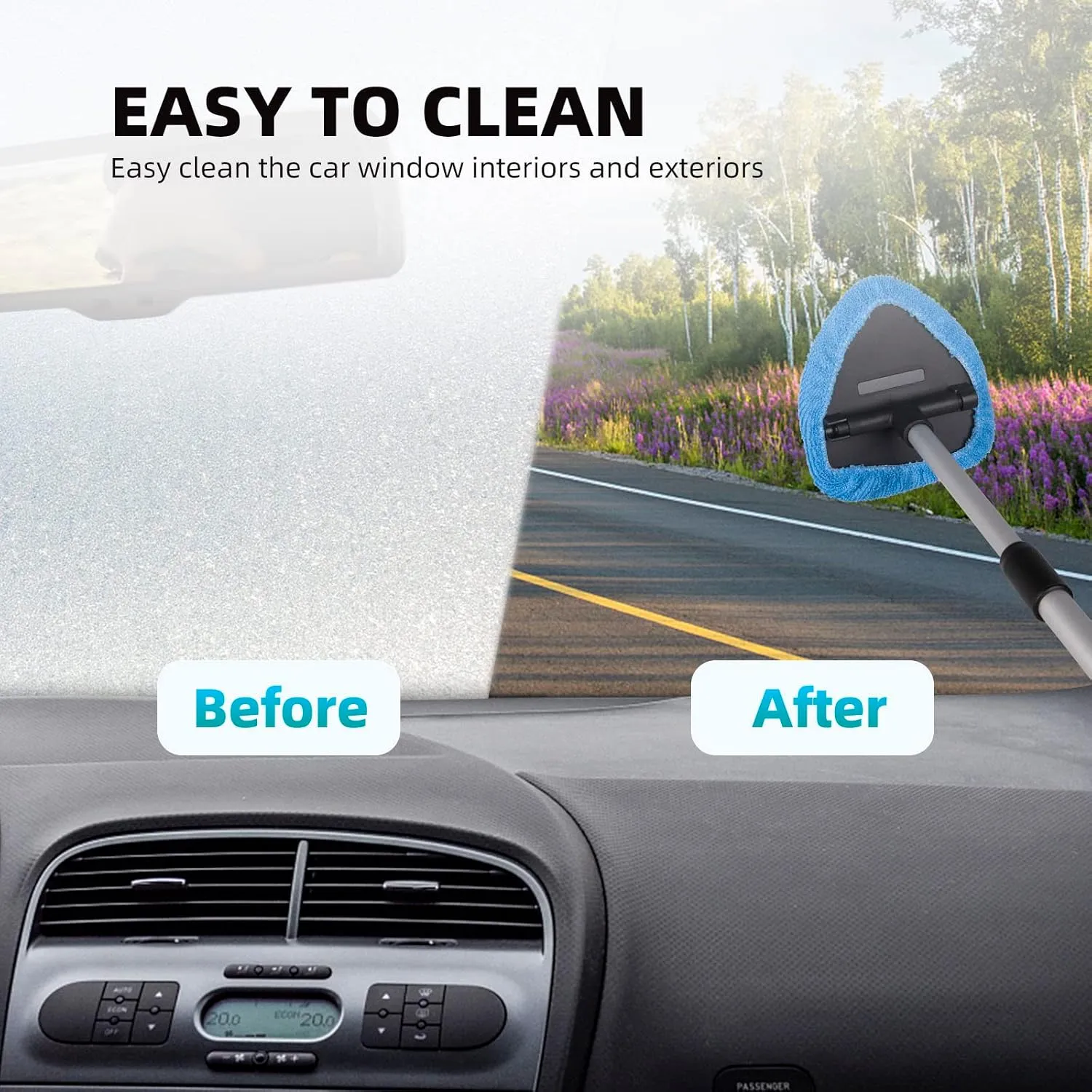 deuvuo Upgraded Windshield Cleaning Tool, Expandable Car Window Cleaner Inside with 6 Reusable Microfiber Pads, 2 Spray Bottles, Multifunctional Auto Interior Windshield Cleaning Wand Glass Tool