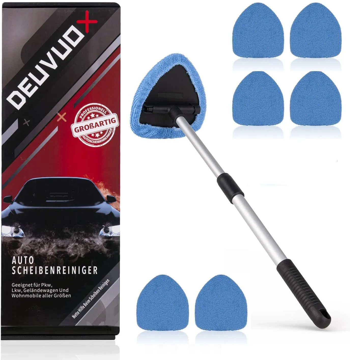 deuvuo Upgraded Windshield Cleaning Tool, Expandable Car Window Cleaner Inside with 6 Reusable Microfiber Pads, 2 Spray Bottles, Multifunctional Auto Interior Windshield Cleaning Wand Glass Tool
