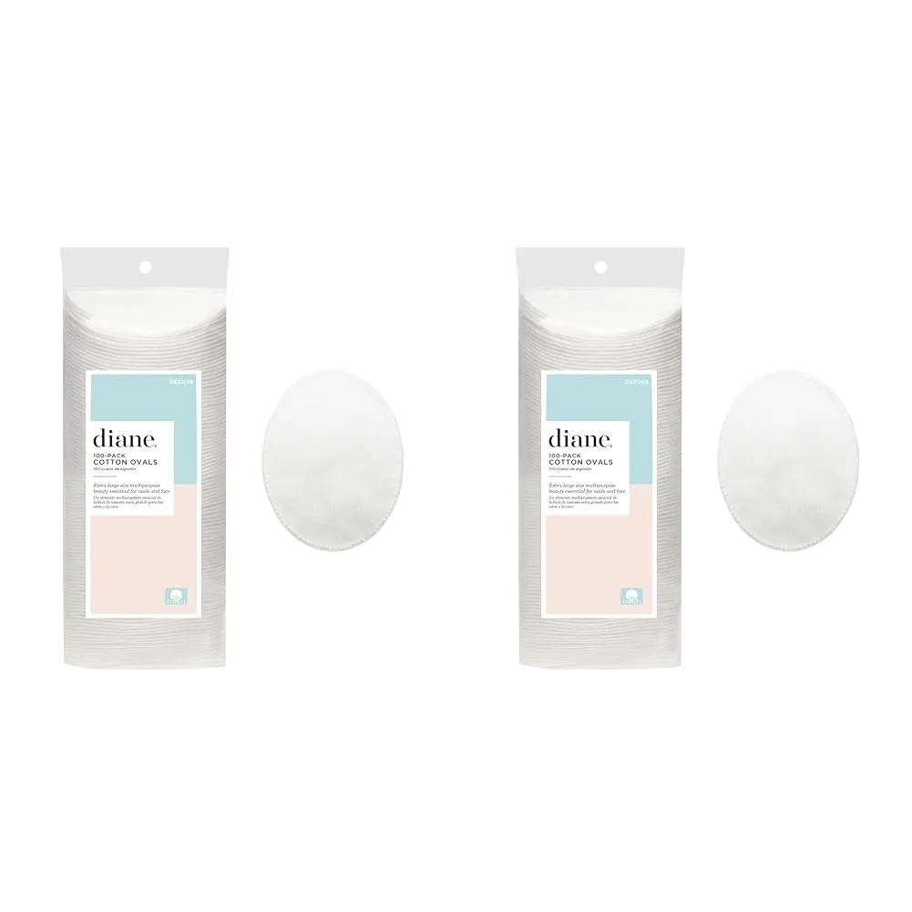 Diane Multi-Layer Cotton Ovals, 100 Count, 100% Pure Cotton, Premium, Hypoallergenic, Biodegradable, Strong and Durable Makeup and Nail Polish Removal Wipes (Pack of 2)