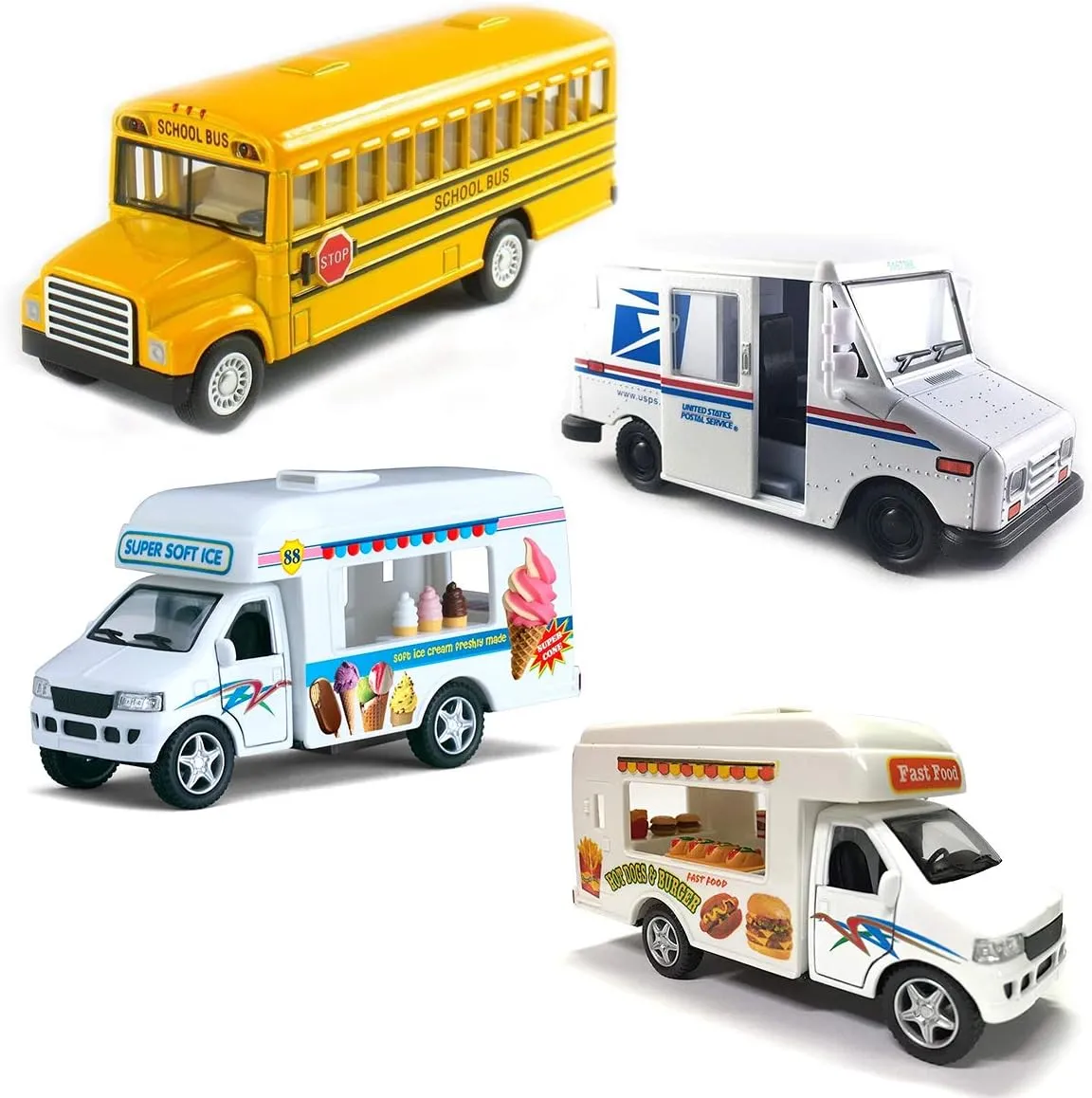 Diecast Toy Trucks Gift Set of 4 | Ice Cream Truck, Food Truck, School Bus, Mail Truck | Pullback Truck Toys for Boys and Girls and Detailed Interior