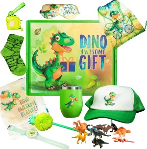 Dinosaur Toys for Kids 3-5, 5-7, Dino 10-pc Birthday Present Gift Set Box for Boys with Dinosaur Figures, Blanket, Toys, Tumbler, Backpack, Hat, Socks, Watch Age 3 4 5 6 7 8 Years Old