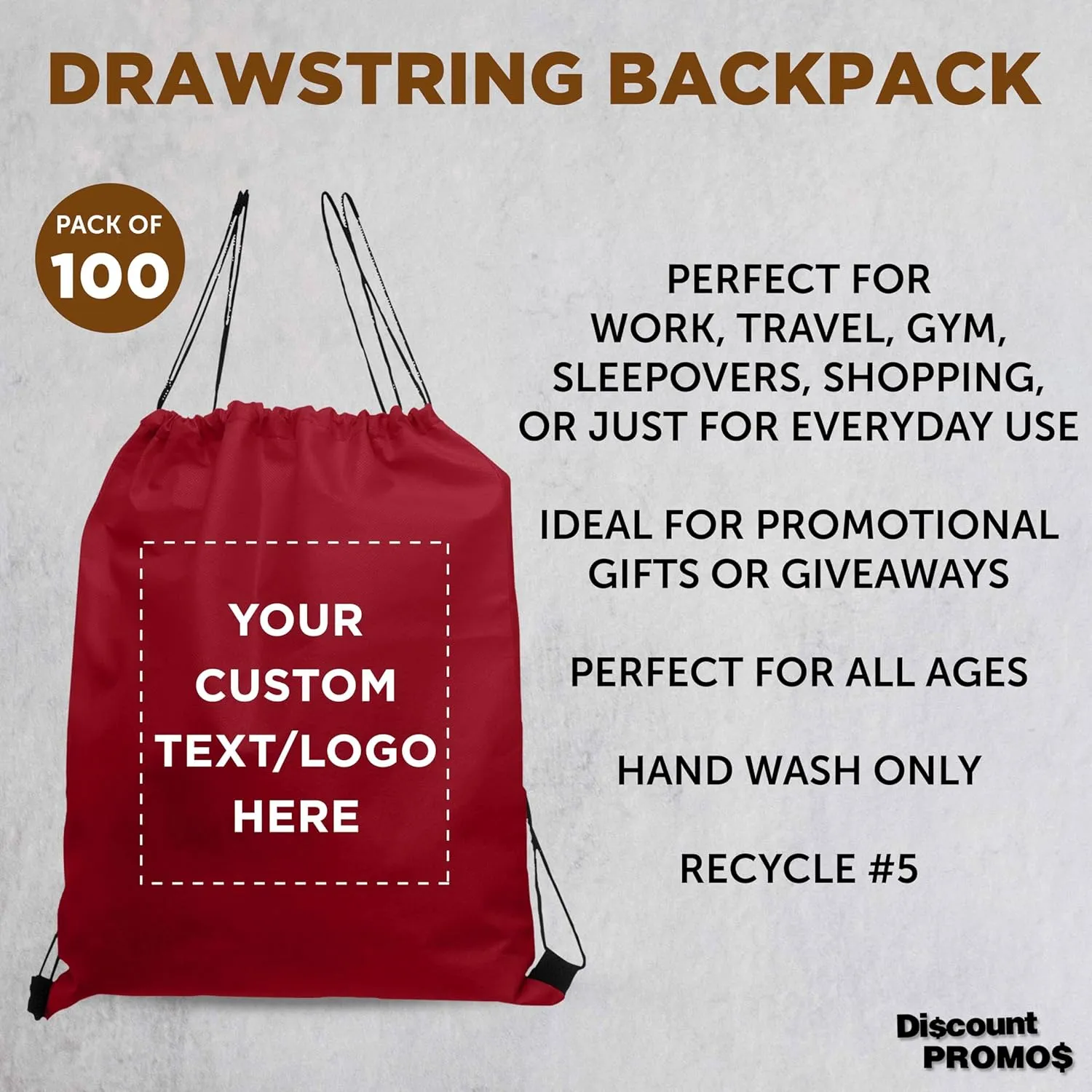 DISCOUNT PROMOS Custom Non-Woven Drawstring Backpacks Set of 100, Personalized Bulk Pack - Bring Everywhere You Go, Great for Travelling, Gym and for Everyday Use - Burgundy