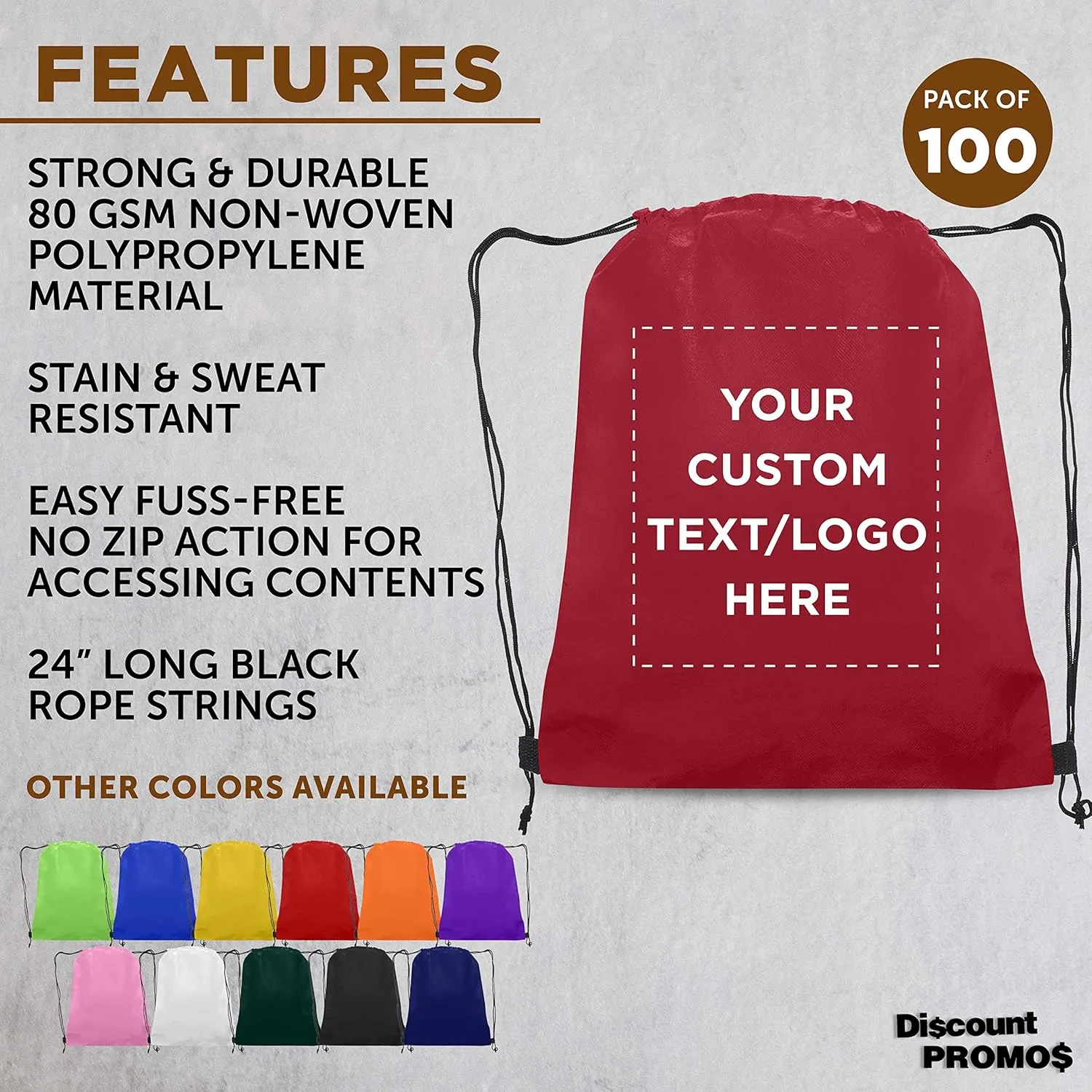 DISCOUNT PROMOS Custom Non-Woven Drawstring Backpacks Set of 100, Personalized Bulk Pack - Bring Everywhere You Go, Great for Travelling, Gym and for Everyday Use - Burgundy
