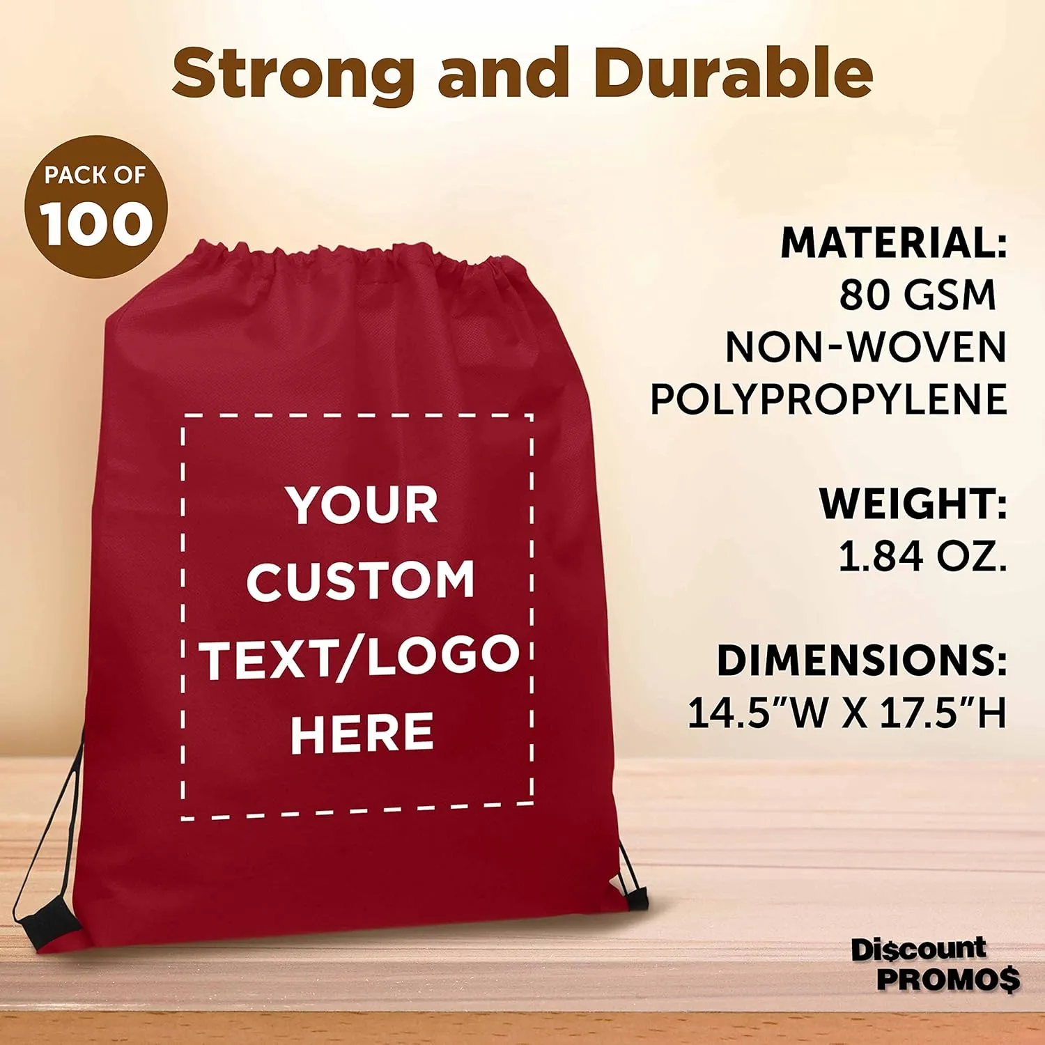 DISCOUNT PROMOS Custom Non-Woven Drawstring Backpacks Set of 100, Personalized Bulk Pack - Bring Everywhere You Go, Great for Travelling, Gym and for Everyday Use - Burgundy