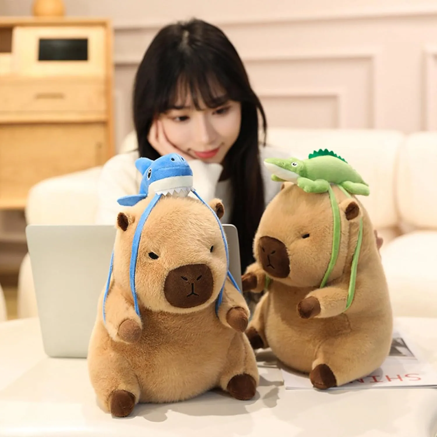 Ditucu Capybara Plush with Crocodile Backpack 7.8 inch Cute Capibara Stuffed Animal Soft Plushies Toys Gifts for Kids Brown