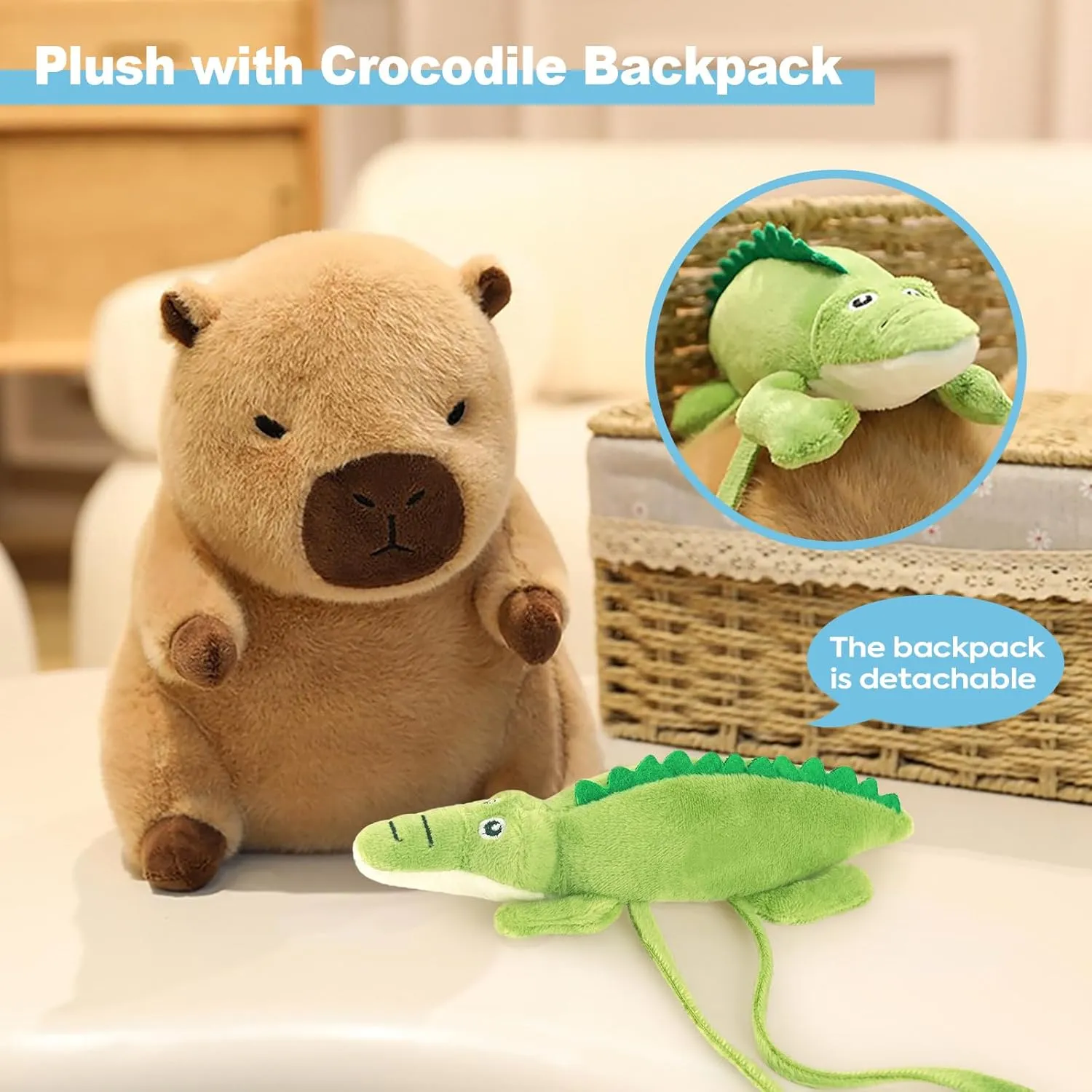 Ditucu Capybara Plush with Crocodile Backpack 7.8 inch Cute Capibara Stuffed Animal Soft Plushies Toys Gifts for Kids Brown