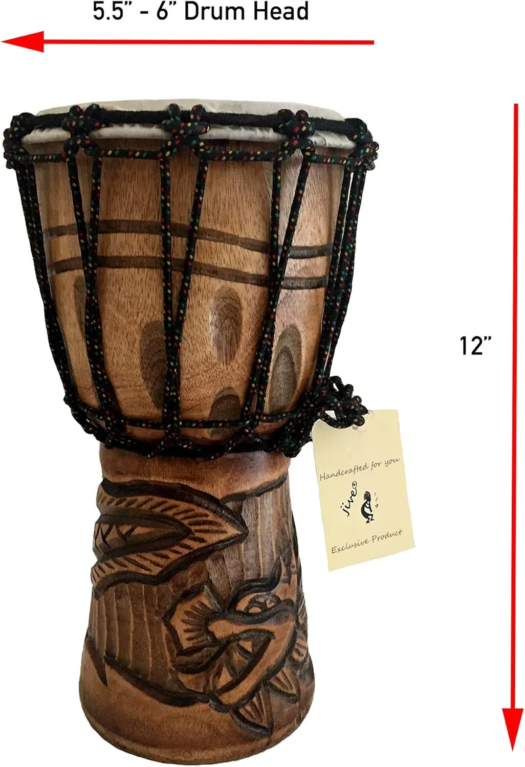 Djembe Drum Solid Wood Deep Carved Bongo Congo African Drum - 12" HIGH MED SIZE - Professional Quality - NOT MADE IN CHINA - JIVE BRAND (Dragon)