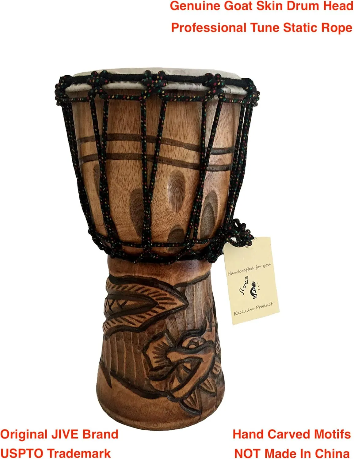 Djembe Drum Solid Wood Deep Carved Bongo Congo African Drum - 12" HIGH MED SIZE - Professional Quality - NOT MADE IN CHINA - JIVE BRAND (Dragon)