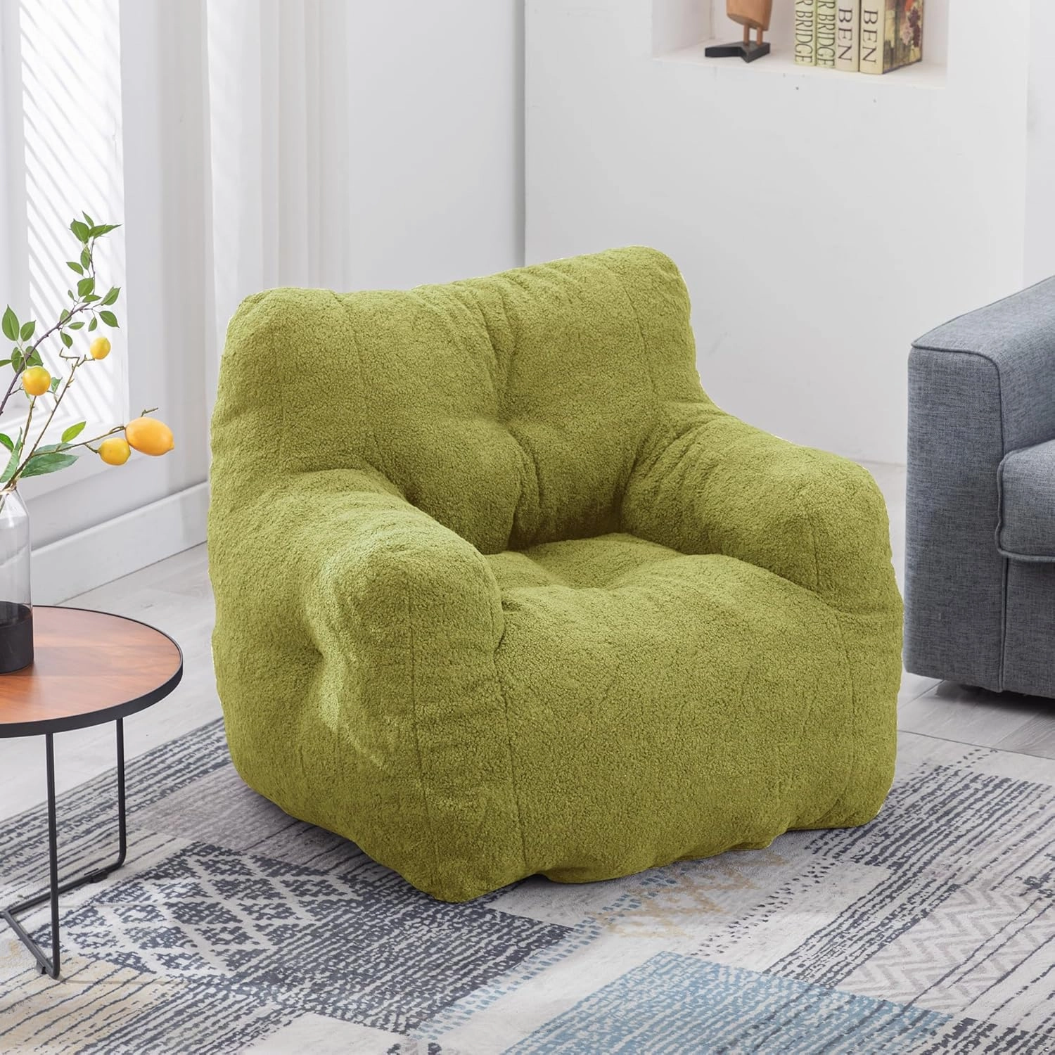 DKLGG Bean Bag Chair with Filler, Tufted Bean Bag Sofa, Fluffy Sherpa and Lazy Couch, Comfy Cozy BeanBag Chairs with Memory Foam for Living Room, Bedroom, Apartment (Green)