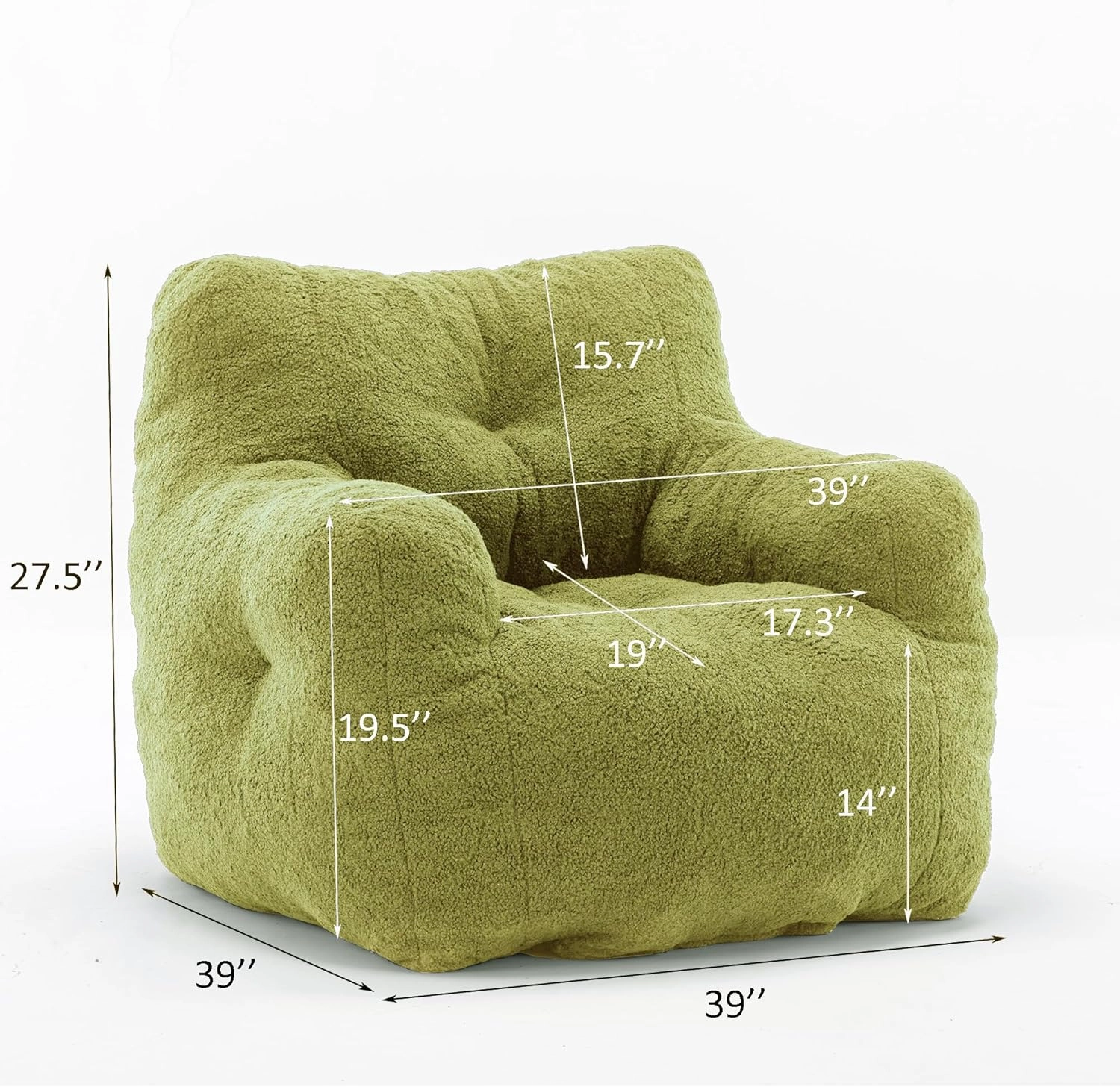 DKLGG Bean Bag Chair with Filler, Tufted Bean Bag Sofa, Fluffy Sherpa and Lazy Couch, Comfy Cozy BeanBag Chairs with Memory Foam for Living Room, Bedroom, Apartment (Green)