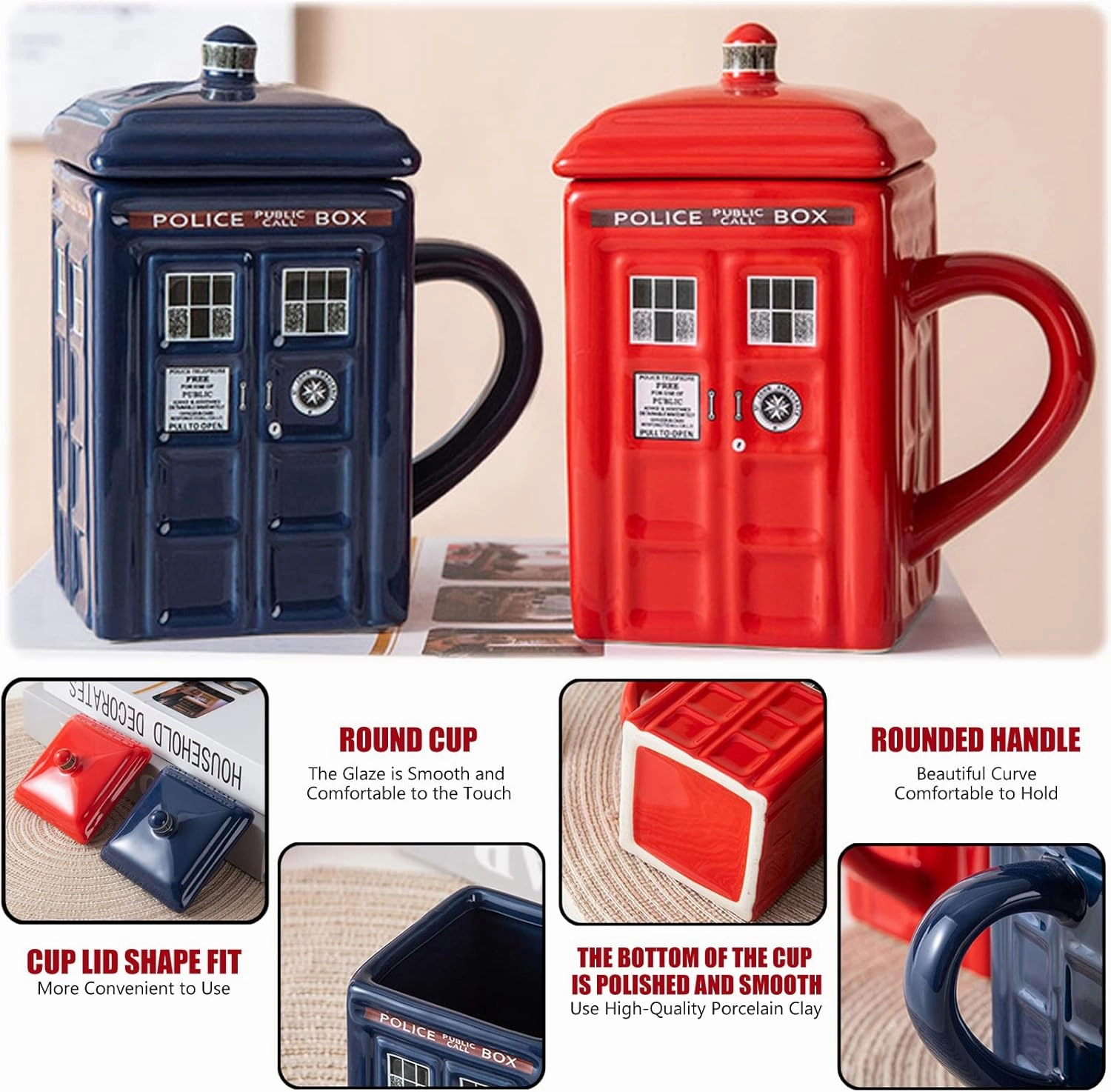 Doctor Who Tardis Police Box Ceramic Mug Cup with Lid,Square Shaped Ceramic Coffee Mug,Holds 450ML of Your Favorite Coffee, Tea, Or Other Drink, Funny Creative Gift Kids Men