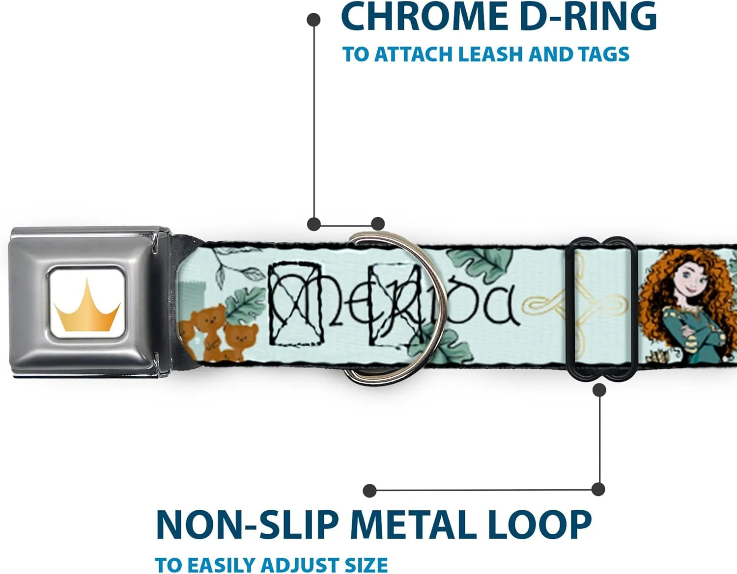 Dog Collar Seatbelt Buckle Brave Merida Castle and Three Bear Brothers Pose with Script 9.5 to 13 Inches 1.0 Inch Wide