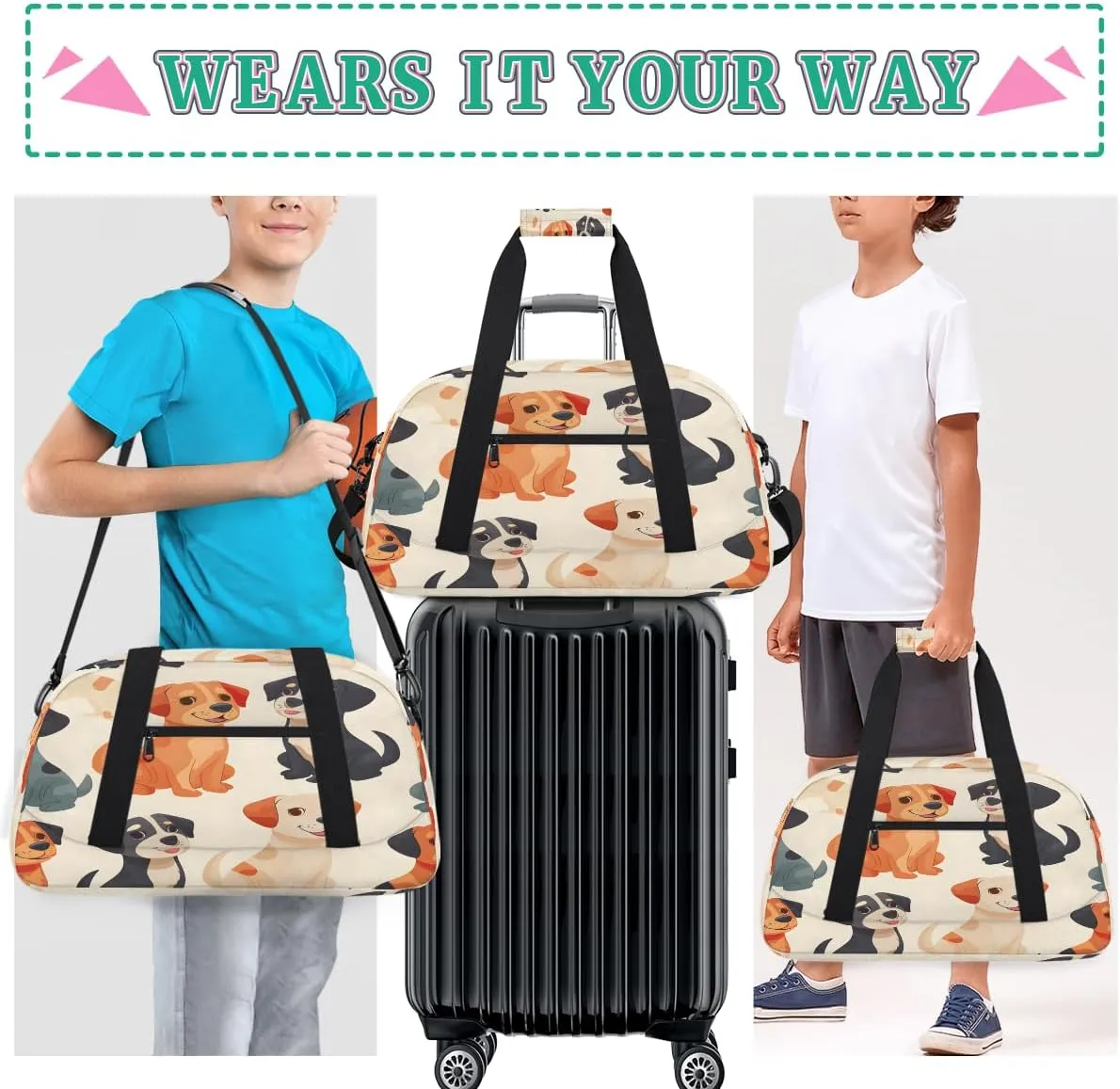Doggy Doodle Kids Overnighter Duffel Bags for Boys, Carry-On Size Sports Gym Bag with Front Zipper Pocket for School Practice or Overnight Travel Weekender Sleepover Tote Bag