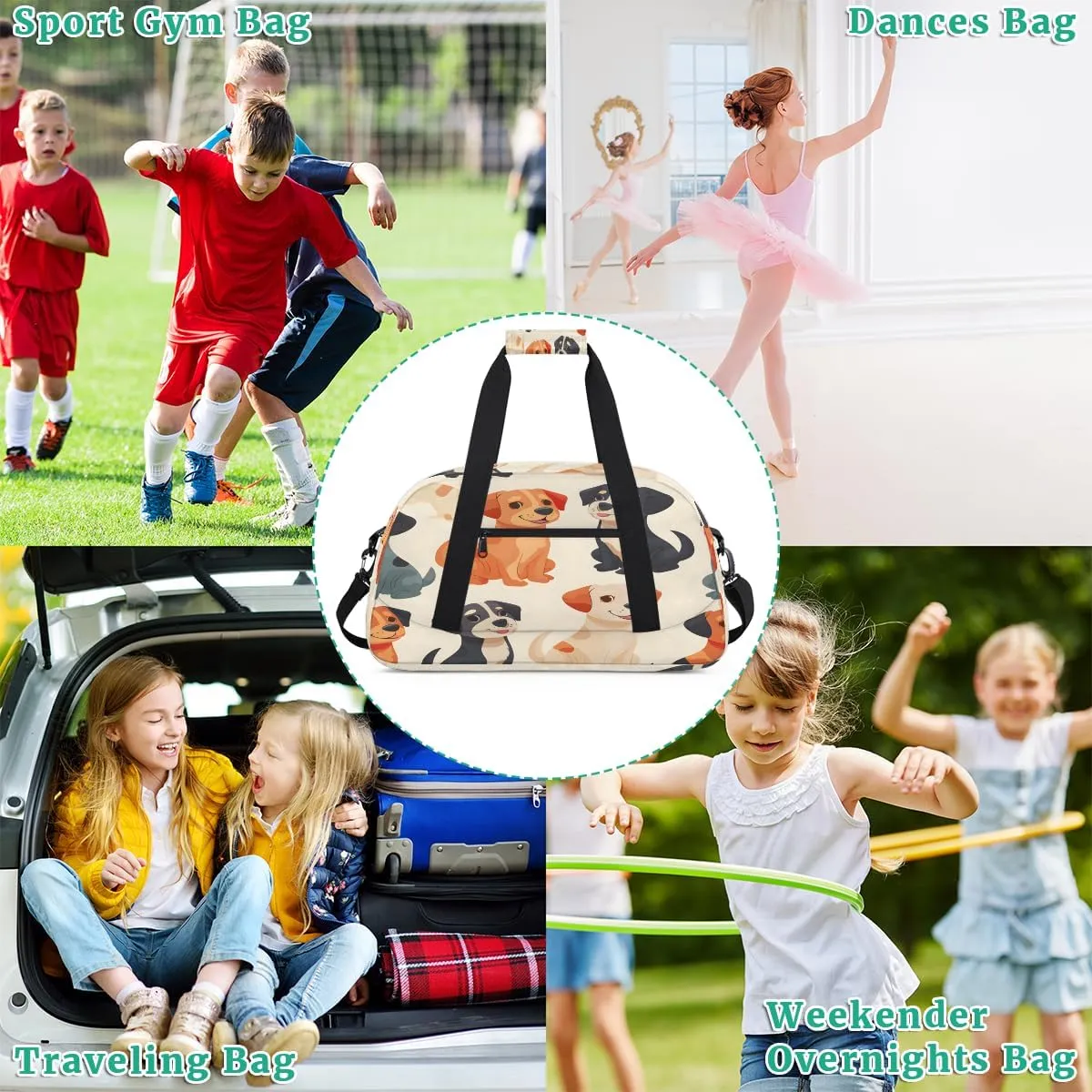 Doggy Doodle Kids Overnighter Duffel Bags for Boys, Carry-On Size Sports Gym Bag with Front Zipper Pocket for School Practice or Overnight Travel Weekender Sleepover Tote Bag