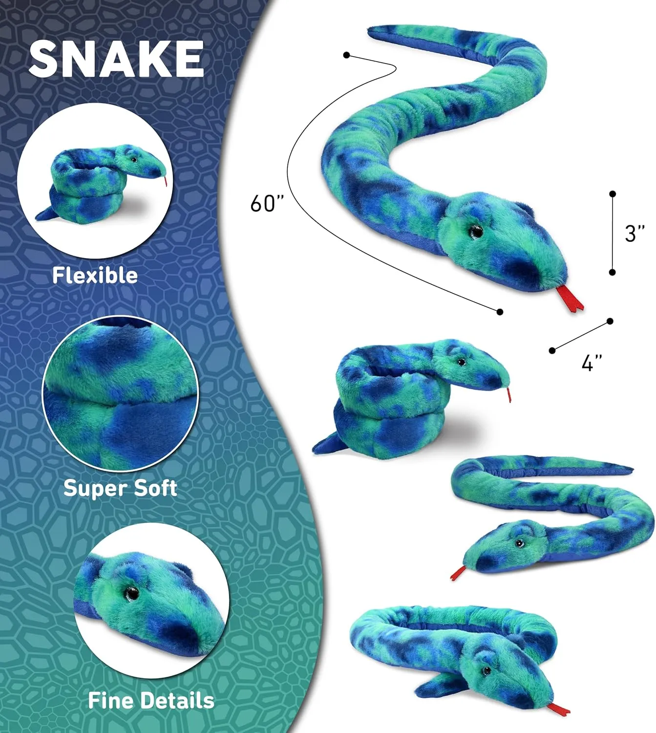 DolliBu Blue Tie-Dye Snake Stuffed Animal - Huggable Snake Plush, Adorable Playtime Plush Toy, Cute Wildlife Animal Cuddle Gifts, Super Soft Plush Doll Animal Toy for Kids and Adults - 60 Inches