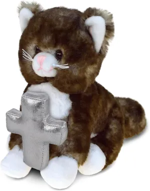 DolliBu Brown Cat Stuffed Animal with Silver Cross Plush - Religious Baptism Gifts for Boys and Girls, Dedication Christening Gifts Plush Prayer Toy Healing Stuffed Animal - 7 Inches