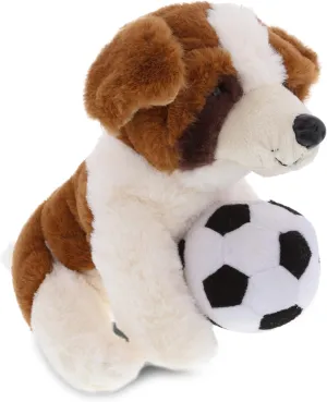 DolliBu Brown St. Bernard Dog Stuffed Animal with Soccer Plush - Soft Huggable St. Bernard Dog, Adorable Playtime Dog Plush Toy, Cute Pet Life Sports Gift for Kids and Adults - 8 Inch