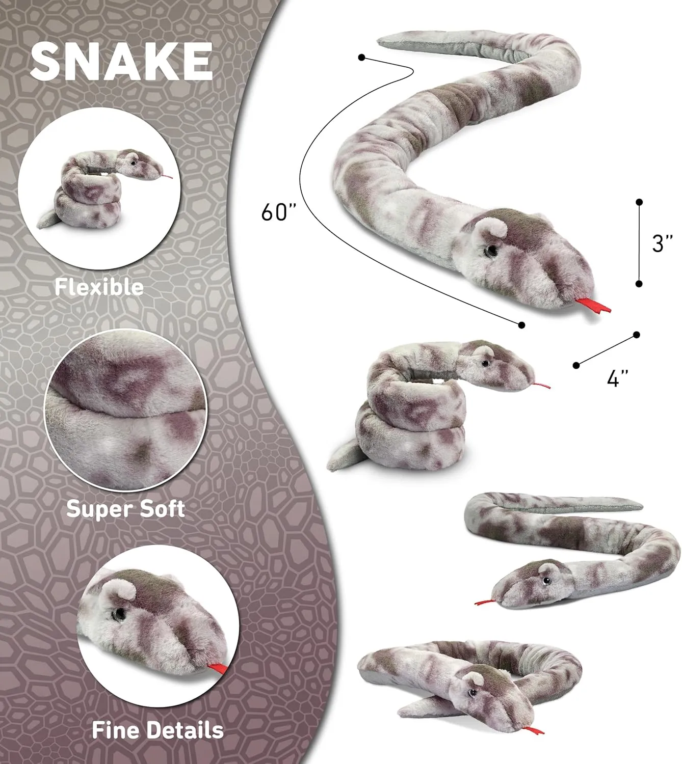 DolliBu Grey Tie-Dye Snake Stuffed Animal - Huggable Snake Plush, Adorable Playtime Plush Toy, Cute Wildlife Animal Cuddle Gifts, Super Soft Plush Doll Animal Toy for Kids and Adults - 60 Inches