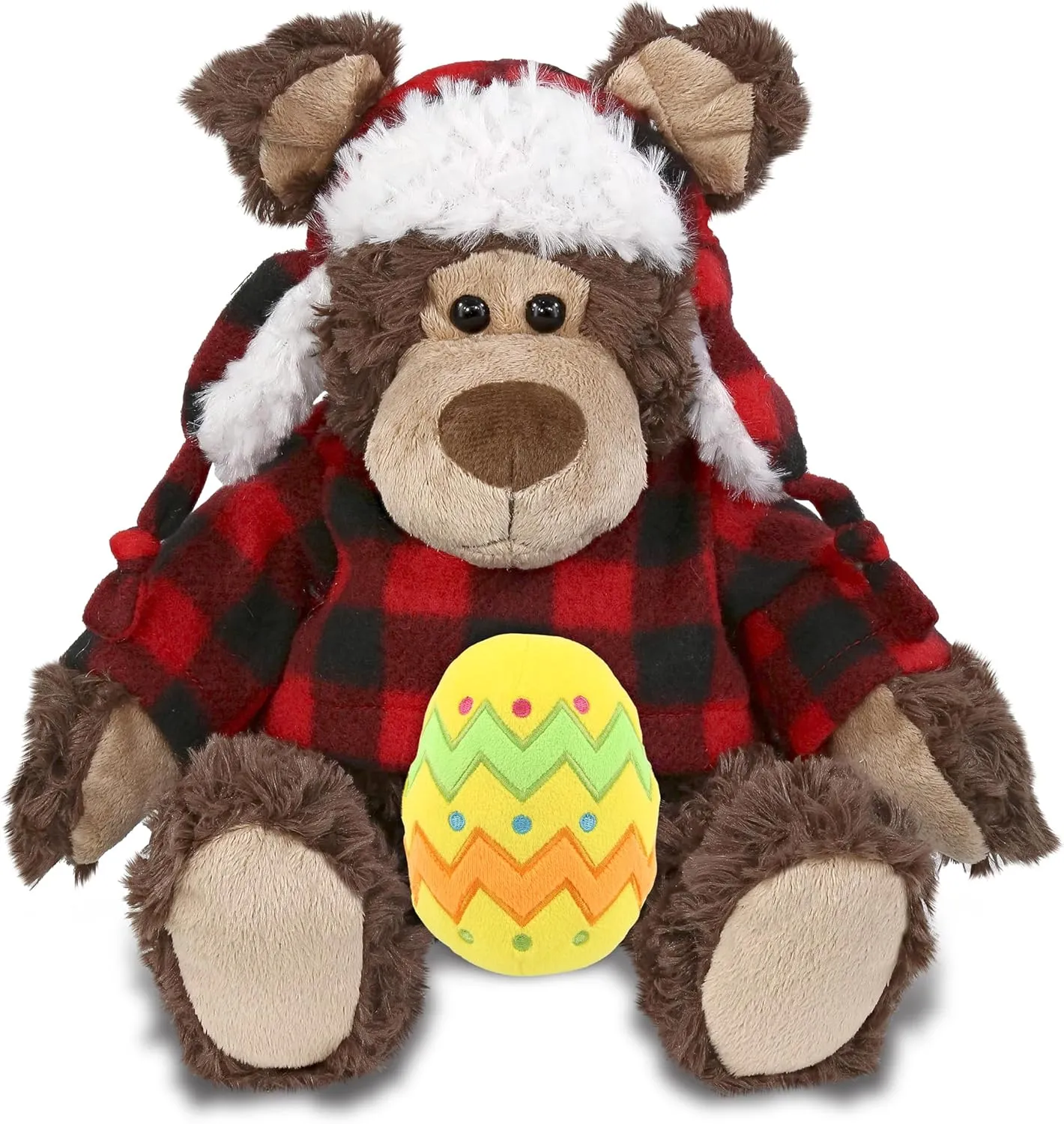 DolliBu Grizzly Bear with Red Plaid Outfit and Yellow Easter Egg Plush and Name Personalization - Stuffed Animals for Easter Basket, Easter Egg Stuffed Animal Spring Toys for Girls, Boy – 9 Inches