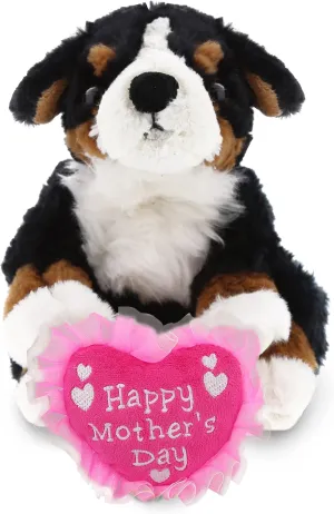 DolliBu Happy Mother's Day Super Soft Bernese Dog Plush Figure - Cute Stuffed Animal with Pink Heart Message for Best Mommy, Grandma, Wife, Daughter - 8" Inches