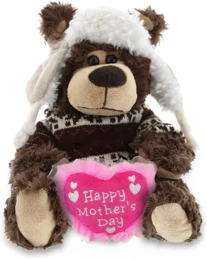 DolliBu Happy Mother's Day Super Soft Plush Grizzly Bear with Clothes - Cute Stuffed Animal with Pink Heart Message for Best Mommy, Grandma, Wife, Daughter - 9" Inches