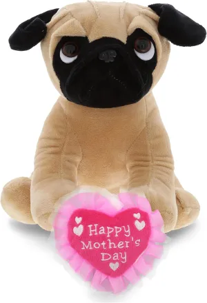 DolliBu Happy Mother's Day Super Soft Sitting Pug Dog Plush Figure - Cute Stuffed Animal with Pink Heart Message for Best Mommy, Grandma, Wife, Daughter - 8" Inches