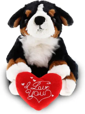 DolliBu I Love You Valentine Plush Bernese Dog - Cute Stuffed Animal with Red Heart and Name Personalization Gift for Valentines Day, Birthday, Anniversary, Romantic Date - 7 Inches