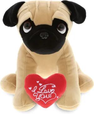DolliBu I Love You Valentine Plush Big Eye Pug Dog - Cute Stuffed Animal with Red Heart and Name Personalization Gift for Valentines Day, Birthday, Anniversary, Romantic Date - 8 Inches