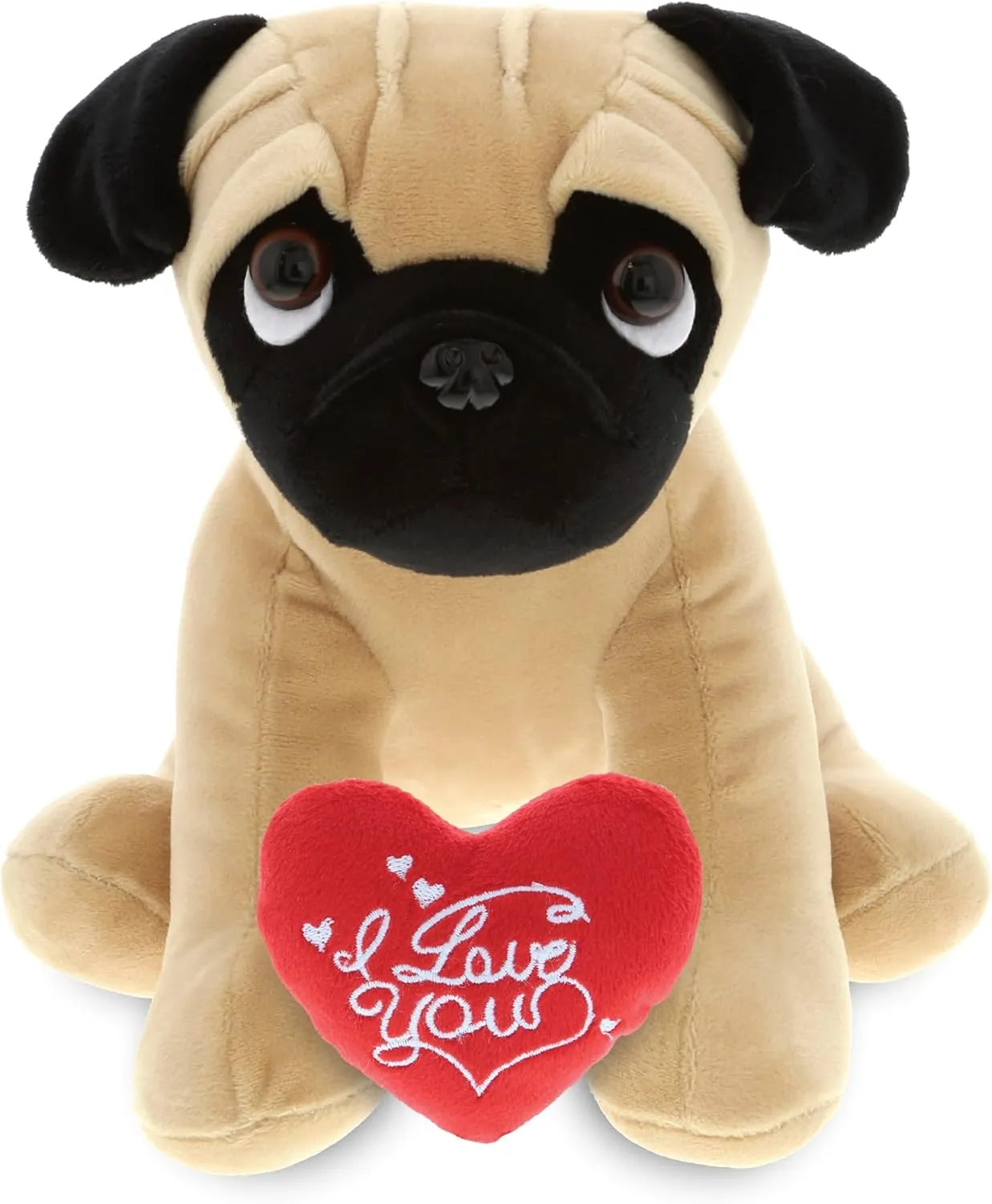 DolliBu I Love You Valentine Plush Big Eye Pug Dog - Cute Stuffed Animal with Red Heart and Name Personalization Gift for Valentines Day, Birthday, Anniversary, Romantic Date - 8 Inches