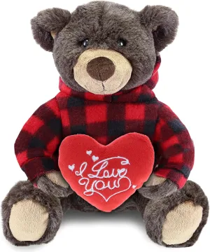 DolliBu I Love You Valentine Plush Brown Bear with Red Plaid Hoodie - Stuffed Animal with Red Heart and Name Personalization Gift for Valentines Day, Birthday, Anniversary - 10 Inches