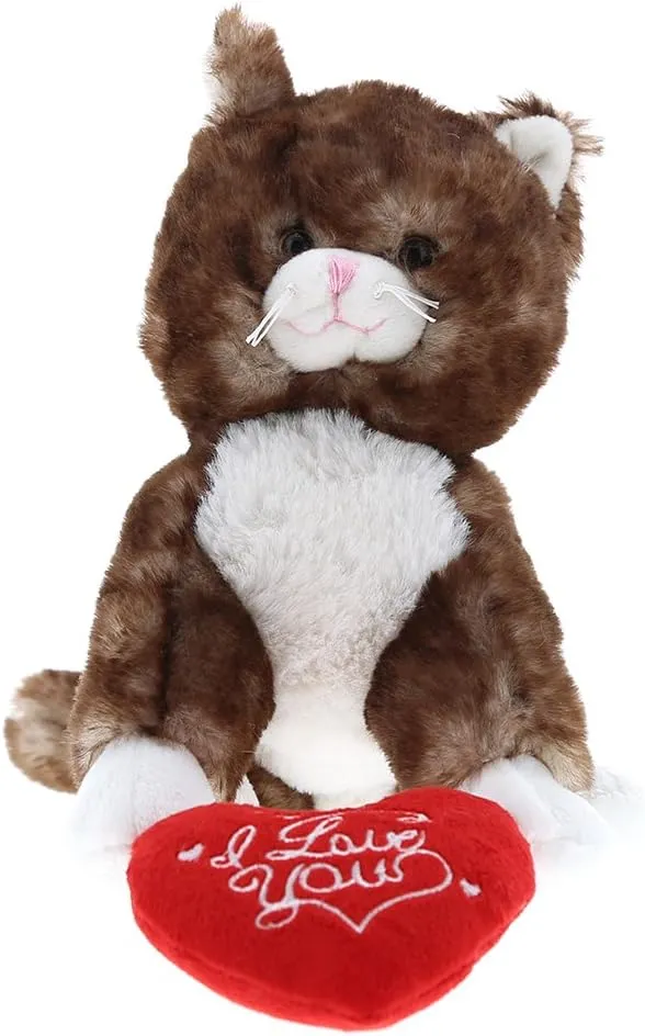 DolliBu I Love You Valentine Plush Brown Cat - Cute Soft Cuddly Stuffed Animal with Red Heart Gift for Valentines Day, Birthday Present, Anniversary, Romantic Date - 6 Inches