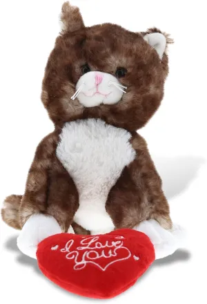 DolliBu I Love You Valentine Plush Brown Cat - Cute Stuffed Animal with Red Heart and Name Personalization Gift for Valentines Day, Birthday, Anniversary, Romantic Date - 6 Inches