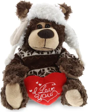 DolliBu I Love You Valentine Plush Grizzly Bear with Clothes - Cute Stuffed Animal with Red Heart and Name Personalization Gift for Valentines Day, Birthday, Anniversary, Romantic Date - 9 Inches