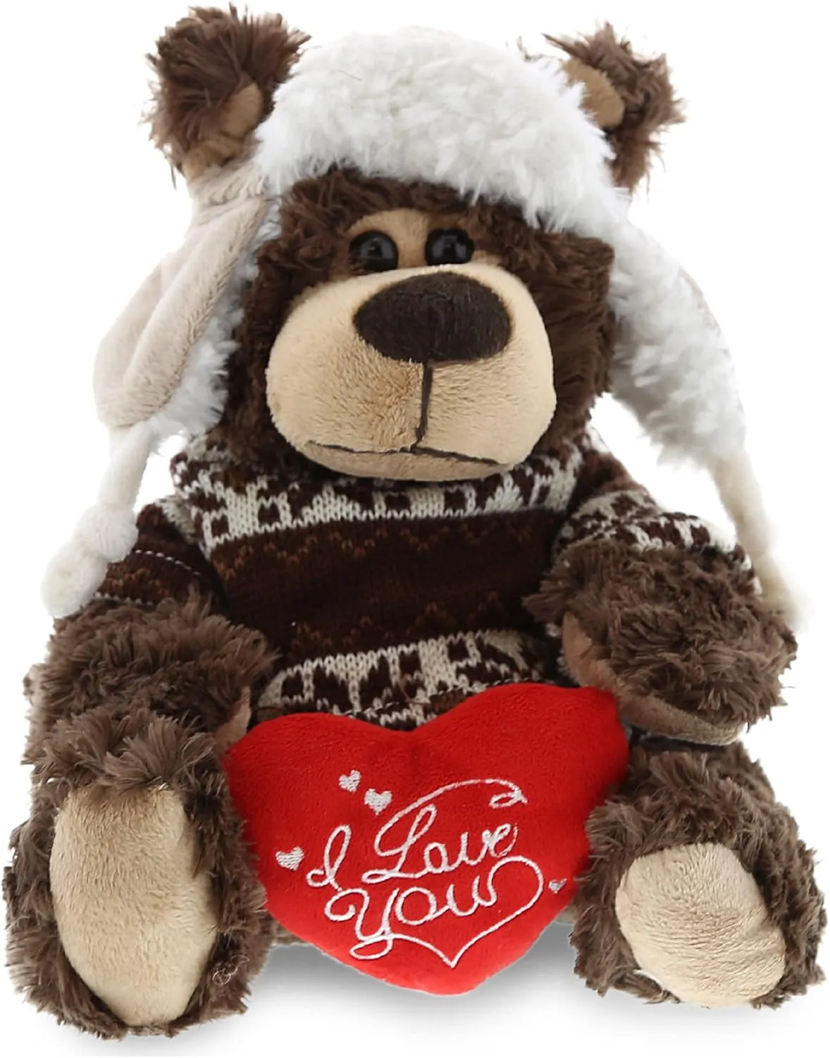 DolliBu I Love You Valentine Plush Grizzly Bear with Clothes - Cute Stuffed Animal with Red Heart and Name Personalization Gift for Valentines Day, Birthday, Anniversary, Romantic Date - 9 Inches