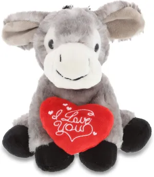 DolliBu I Love You Valentine Plush Lying Grey Donkey - Cute Stuffed Animal with Red Heart and Name Personalization Gift for Valentines Day, Birthday, Anniversary, Romantic Date - 9 Inches