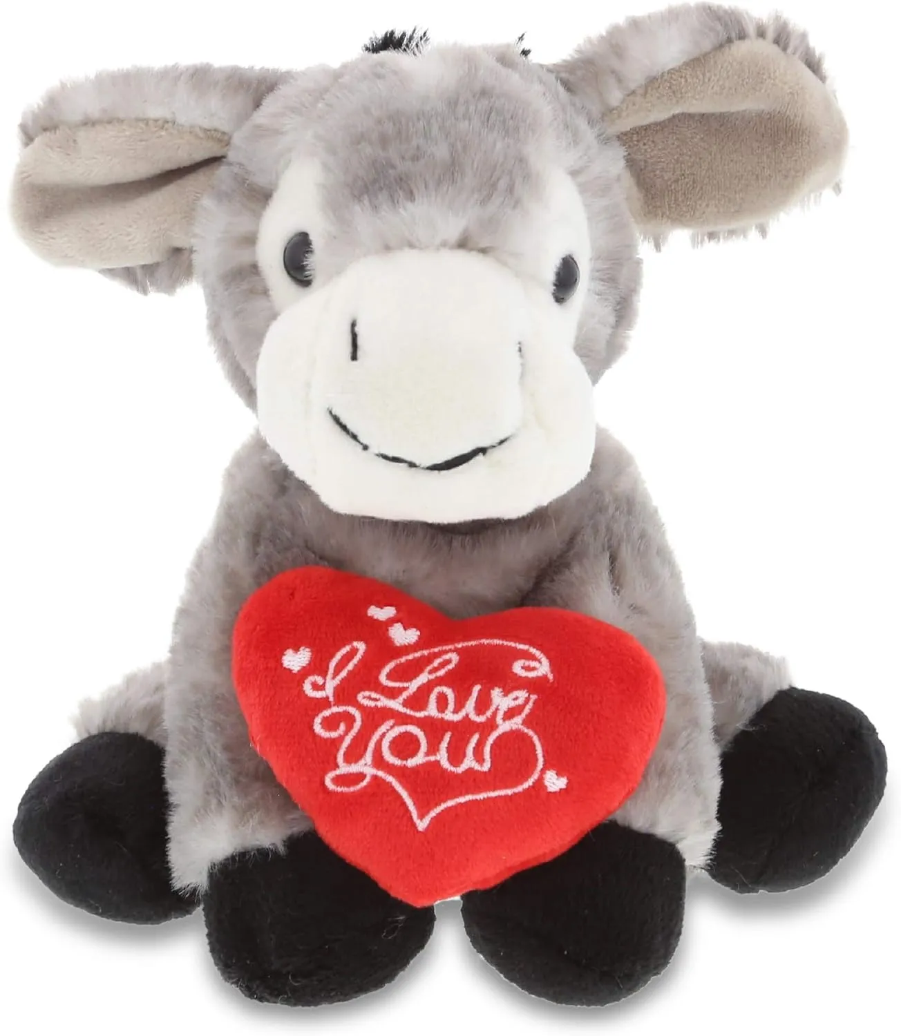 DolliBu I Love You Valentine Plush Lying Grey Donkey - Cute Stuffed Animal with Red Heart and Name Personalization Gift for Valentines Day, Birthday, Anniversary, Romantic Date - 9 Inches