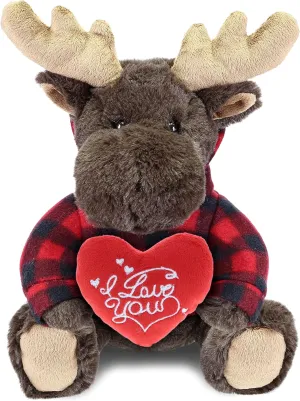 DolliBu I Love You Valentine Plush Moose with Red Plaid Hoodie - Cute Stuffed Animal with Red Heart and Name Personalization Gift for Valentines Day, Birthday, Anniversary, Romantic Date - 10 Inches