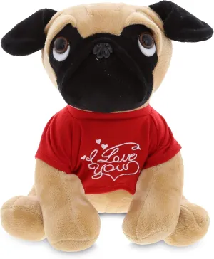 DolliBu I Love You Valentine Plush Pug Dog - Cute Soft Cuddly Stuffed Animal with Red Heart Shirt for Valentines Day, Birthday Present, Anniversary, Romantic Date - 10 Inches