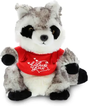 DolliBu I Love You Valentine Plush Raccoon - Cute Stuffed Animal with Red Shirt and Name Personalization Gift for Valentines Day, Birthday, Anniversary, Romantic Date - 9 Inches