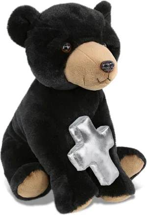 DolliBu Large Floppy Black Bear Stuffed Animal with Silver Cross and Personalization - Religious Baptism Gifts for Boys and Girls, Dedication Christening Gifts Plush Prayer Toy Teddy - 12 Inches