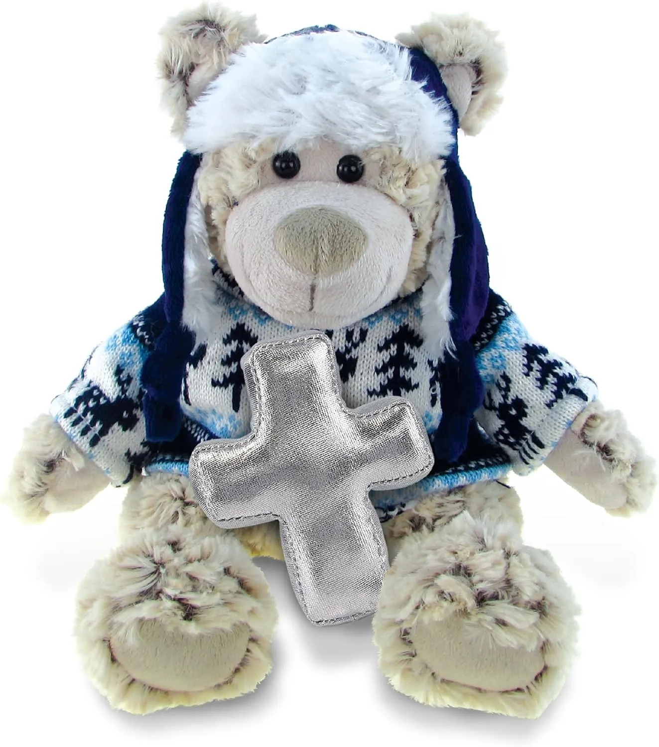 DolliBu Polar Bear Stuffed Animal with Silver Cross and Personalization - Religious Baptism Gifts for Boys and Girls, Dedication Christening Gifts Plush Prayer Toy Healing Teddy Bear - 9 Inches
