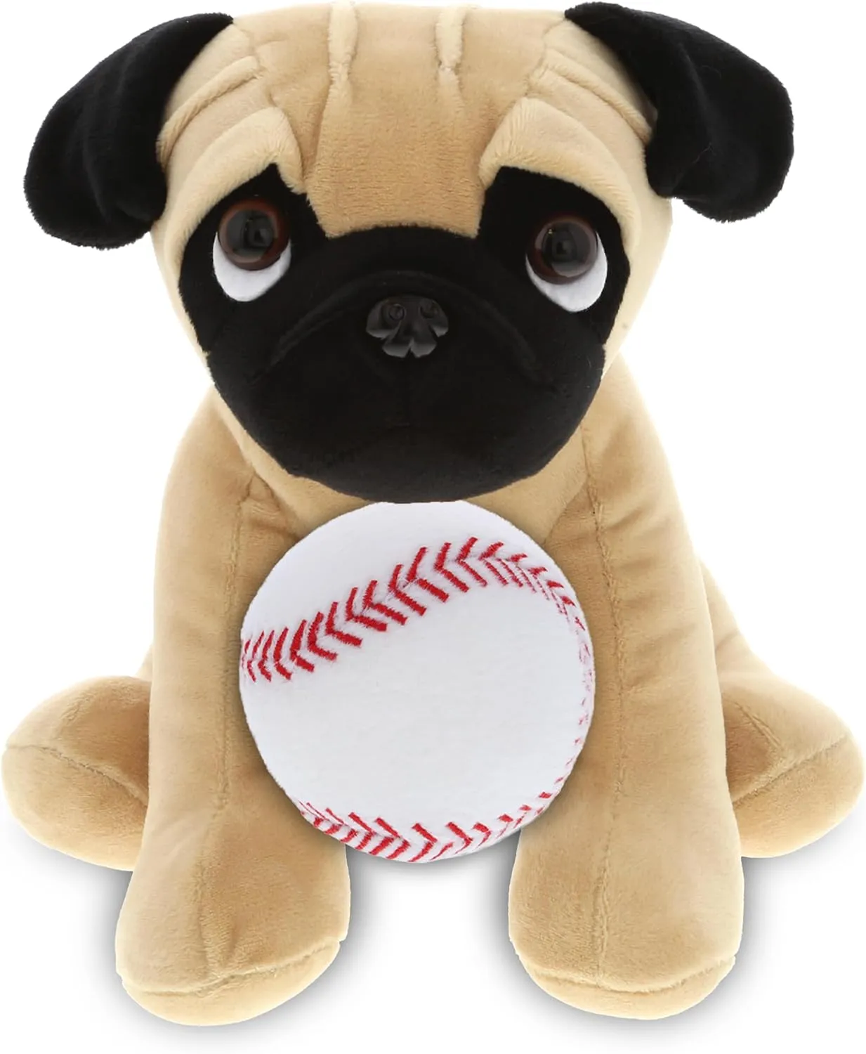 DolliBu Pug Dog Stuffed Animal with Baseball Plush - Soft Huggable Pug Dog, Adorable Playtime Dog Plush Toy, Cute Pet Life Sports Gift for Kids and Adults - 8 Inch