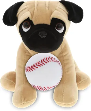 DolliBu Pug Dog Stuffed Animal with Baseball Plush - Soft Huggable Pug Dog, Adorable Playtime Dog Plush Toy, Cute Pet Life Sports Gift for Kids and Adults - 8 Inch