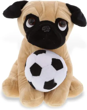 DolliBu Pug Dog Stuffed Animal with Soccer Ball Plush - Soft Plush Huggable Pug, Adorable Playtime Pug Plush Toy, Cute Pet Life Gift, Soccer Plush Doll Animal Toy for Kids and Adults - 10 Inch