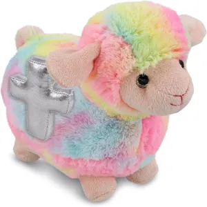 DolliBu Rainbow Sheep Stuffed Animal with Silver Cross and Personalization - Religious Baptism Gifts for Boys and Girls, Dedication Christening Gifts Plush Prayer Toy Healing Teddy Bear - 7 Inch