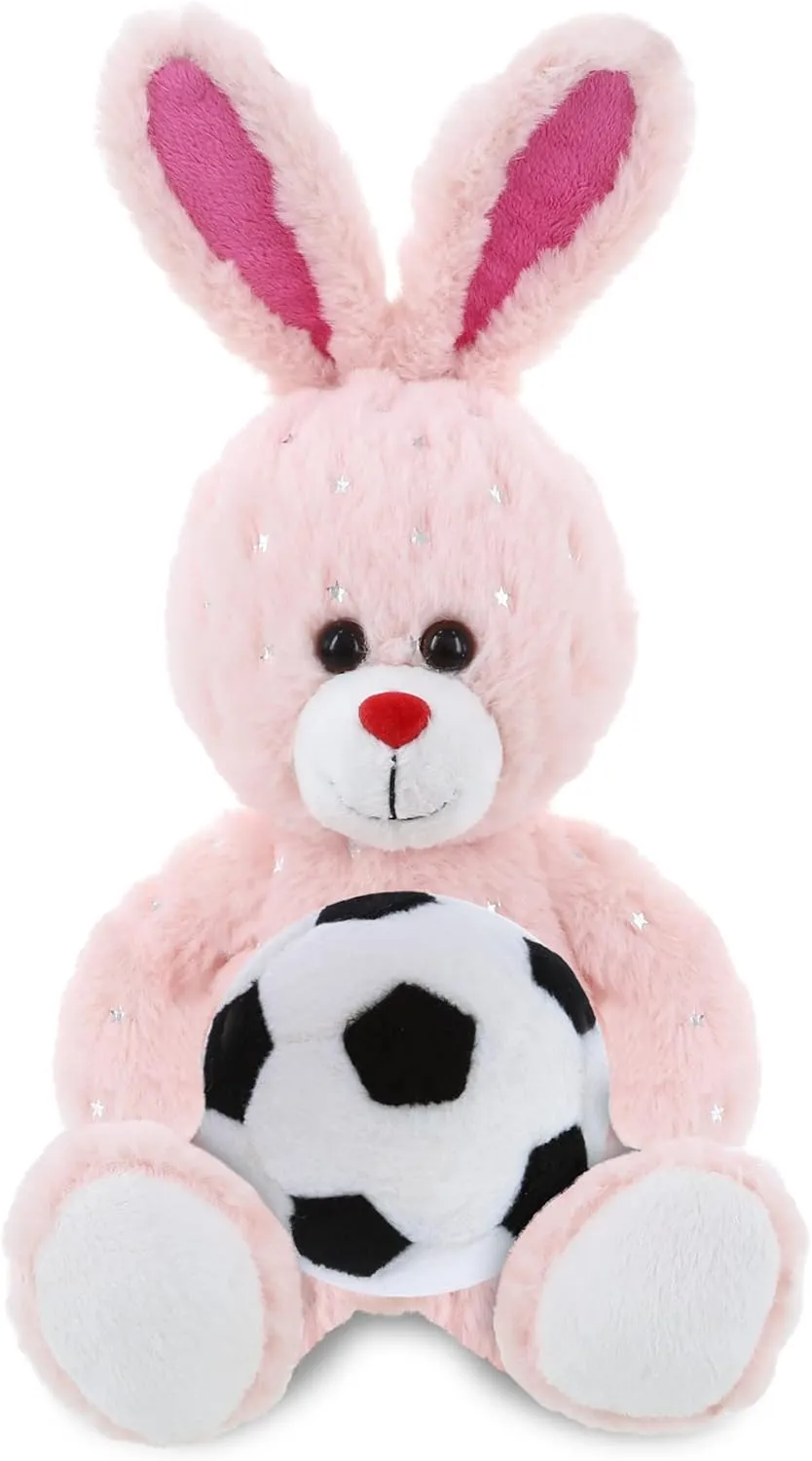 DolliBu Rose Gold Bunny Stuffed Animal with Soccer Ball Plush - Soft Huggable Bunny, Adorable Playtime Bunny Plush Toy, Cute Pet Life Sports Gift for Kids and Adults - 8 Inch