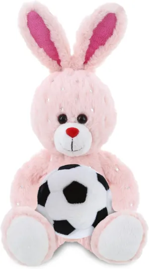 DolliBu Rose Gold Bunny Stuffed Animal with Soccer Ball Plush - Soft Huggable Bunny, Adorable Playtime Bunny Plush Toy, Cute Pet Life Sports Gift for Kids and Adults - 8 Inch